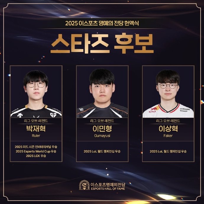 KESPA 2025电子竞技名人堂票选:Ruler Faker Gumayusi等选手入选